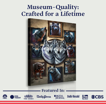 3D Wolf Collage Wall Art canvas with multiple wolves in ornate framed panels on Tampa Home & Garden Store