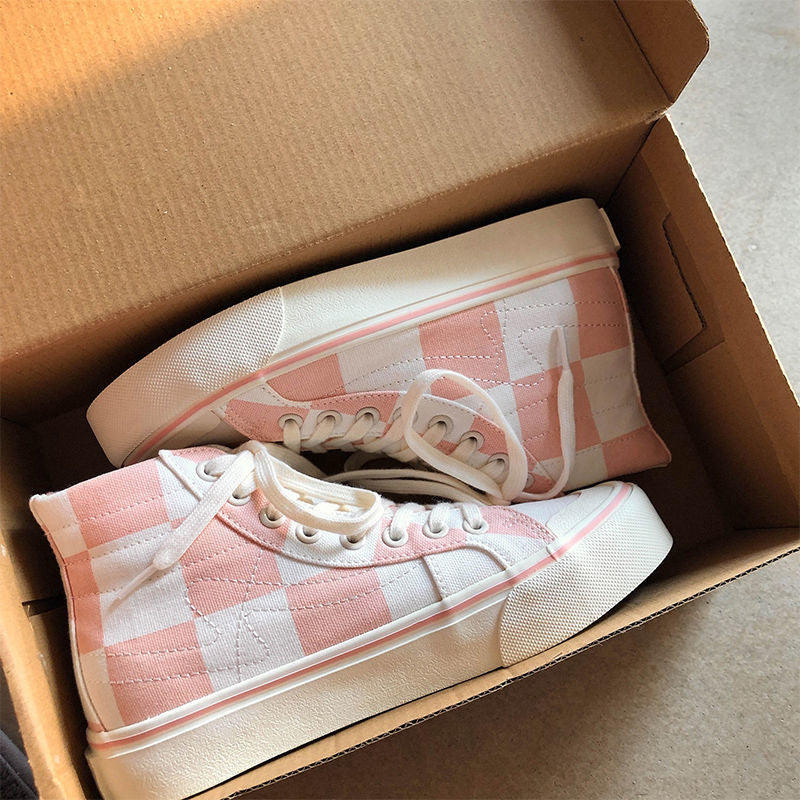 Stevvex pink women's canvas sneakers with white sole and pink checkerboard pattern pair on Tampa Home & Garden Store