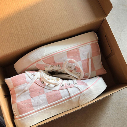 Stevvex pink women's canvas sneakers with white sole and pink checkerboard pattern pair on Tampa Home & Garden Store