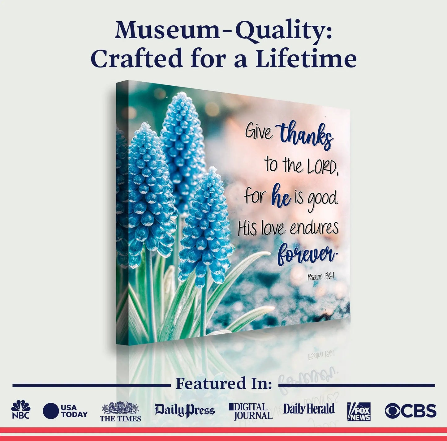 Tailored Canvases canvas wall sign Psalm 136:1 with blue hyacinth bouquet verse on Tampa Home & Garden Store