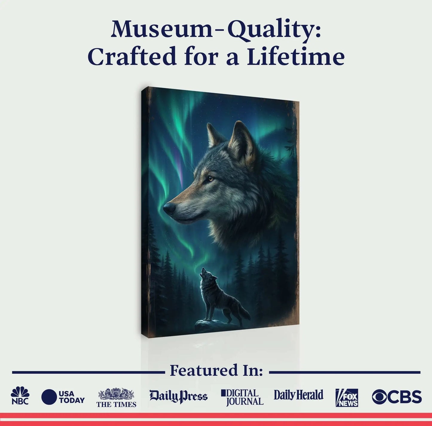 Wolf Double Exposure IV canvas, Tailored Canvases crafting canvas, wolf under aurora on Tampa Home & Garden Store