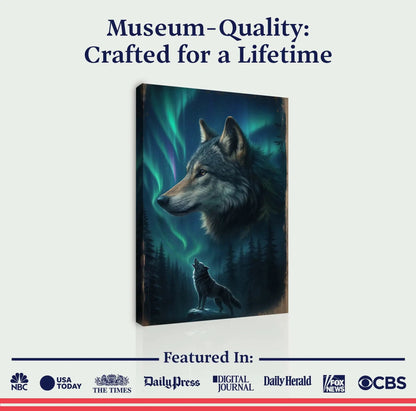 Wolf Double Exposure IV canvas, Tailored Canvases crafting canvas, wolf under aurora on Tampa Home & Garden Store