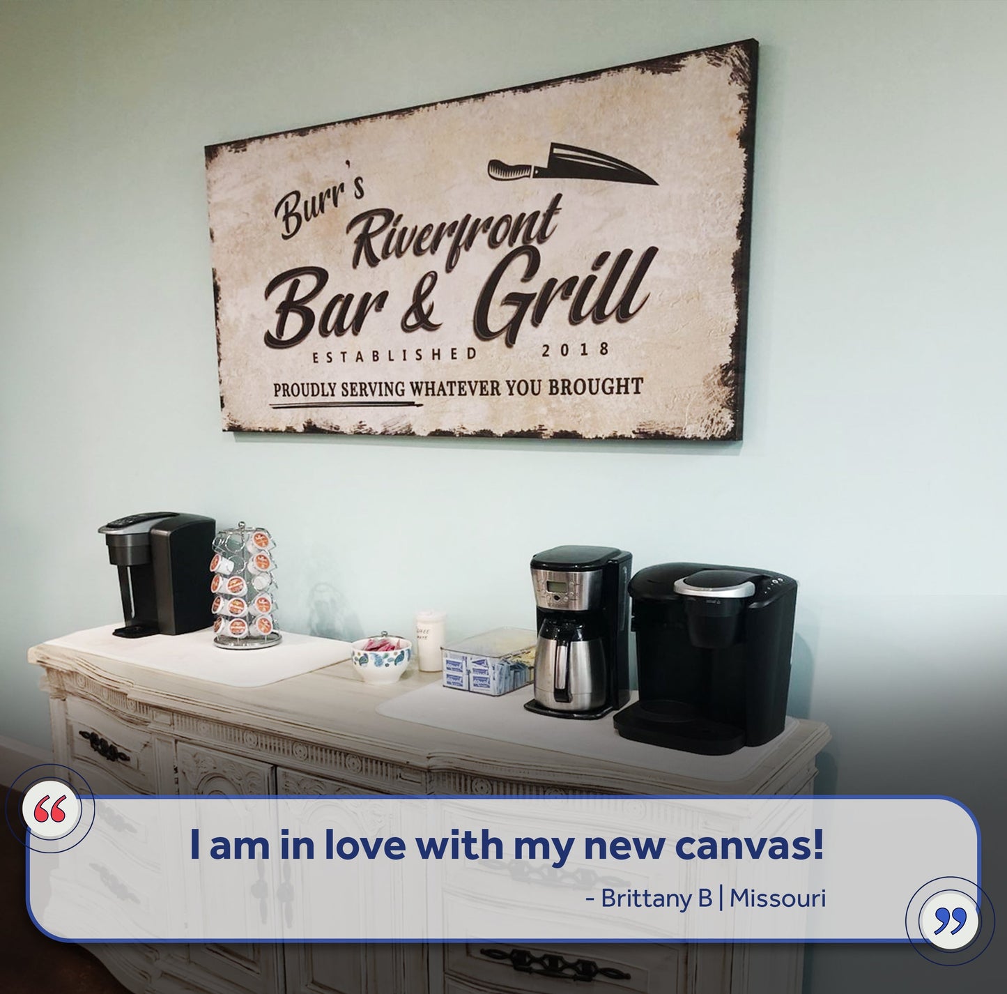 Backyard Bar & Grill Sign XVI canvas wall art with rustic edges and knife graphic on Tampa Home & Garden Store