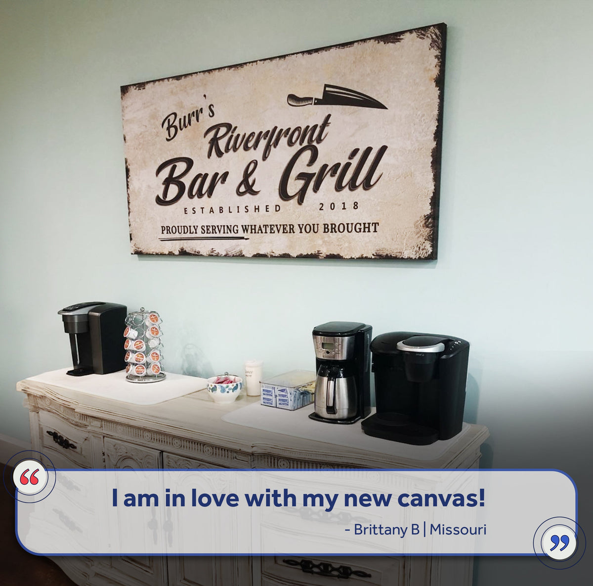 Backyard Bar & Grill Sign XVI canvas wall art with rustic edges and knife graphic on Tampa Home & Garden Store