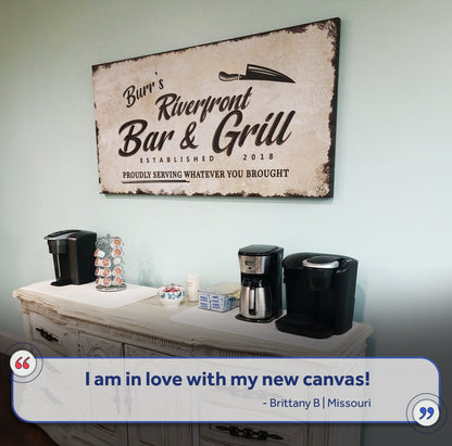 Backyard Bar & Grill Sign XVI canvas wall art with rustic edges and knife graphic on Tampa Home & Garden Store