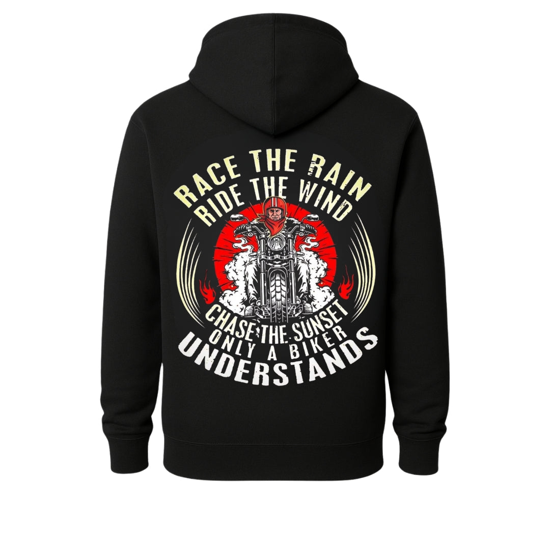 Black BikerZoneZ Motorcycle Rider Hoodie with bold back graphic of a red circular motorcycle on Tampa Home & Garden Store