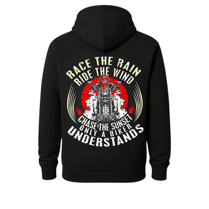 Black BikerZoneZ Motorcycle Rider Hoodie with bold back graphic of a red circular motorcycle on Tampa Home & Garden Store
