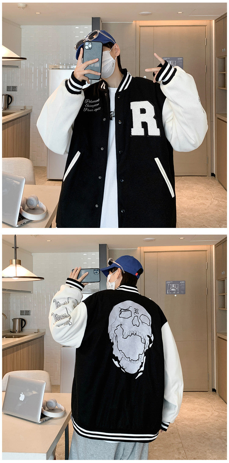 Bomber jacket Stevvex black with white sleeves, front R patch and back skull graphic, streetwear on Tampa Home & Garden Store