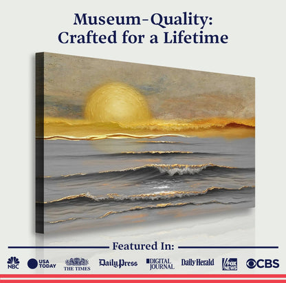 Canvas wall art Golden Horizon Calm by Tailored Canvases, warm sunset over a serene sea on Tampa Home & Garden Store