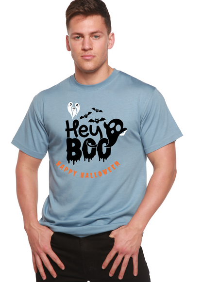 Hey Boo men's graphic T-shirt by Spun Bamboo in light blue with ghost and bat Halloween print on Tampa Home & Garden Store