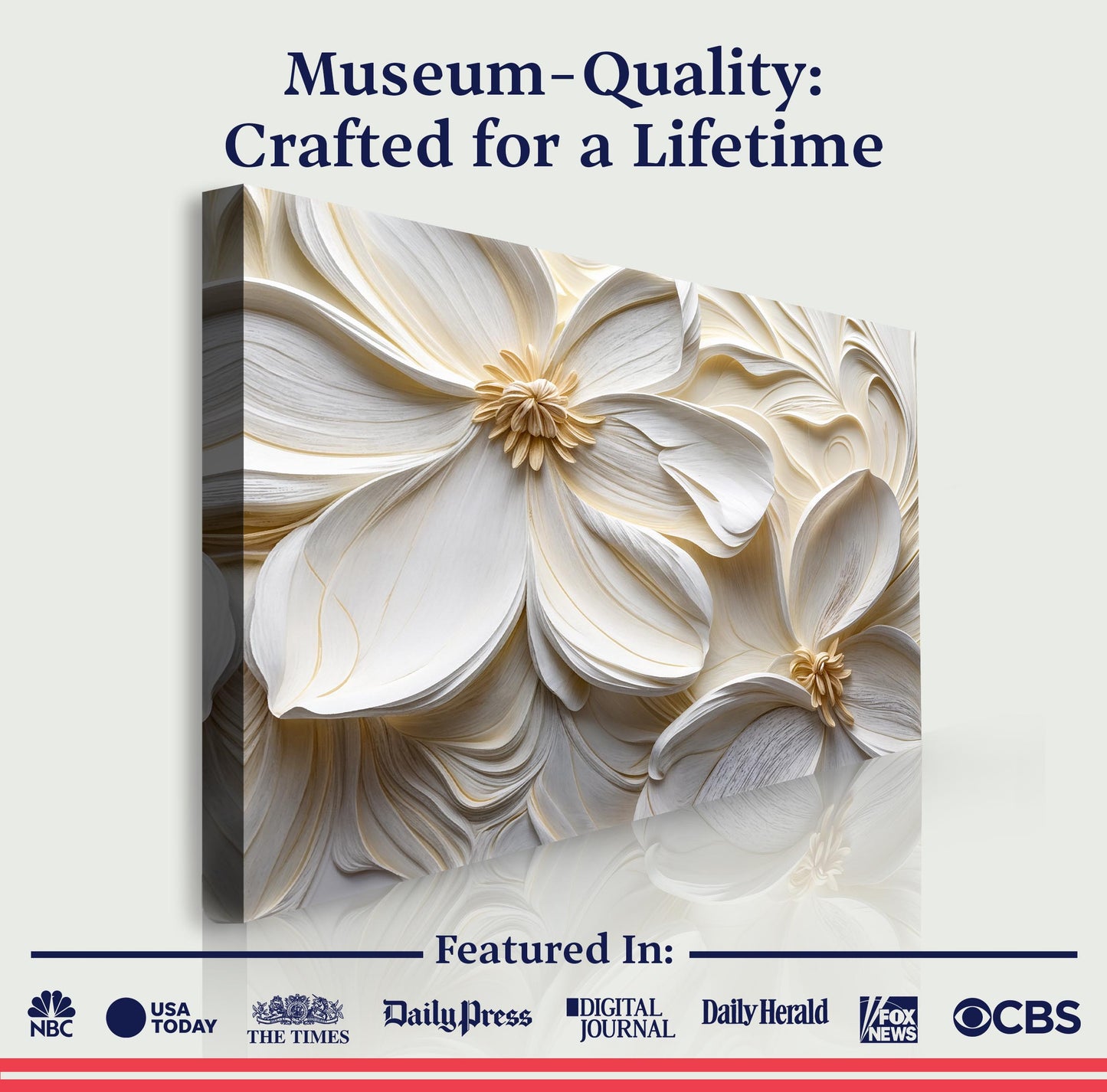 3D Minimalist Flower Wall Art II canvas by Tailored Canvases with cream and gold petal textures on Tampa Home & Garden Store