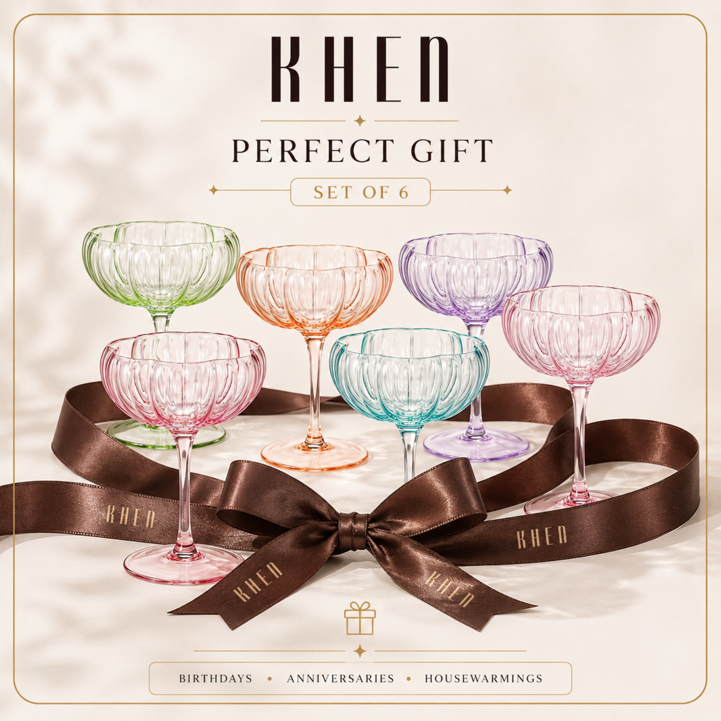 Set of six bright flower coupe cocktail glasses