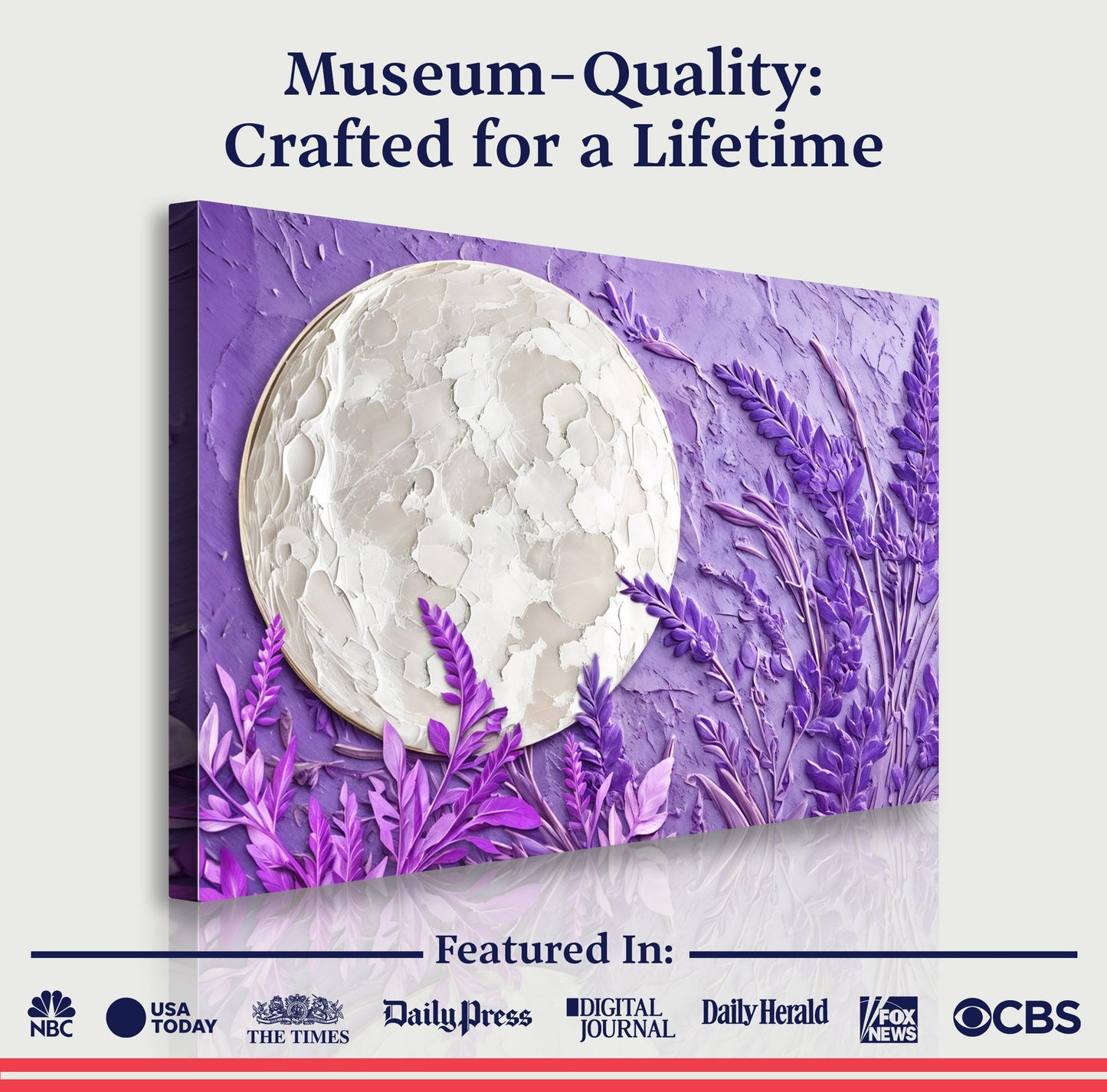 3D Moon Wall Art canvas with textured white moon on purple backdrop Tailored Canvases on Tampa Home & Garden Store
