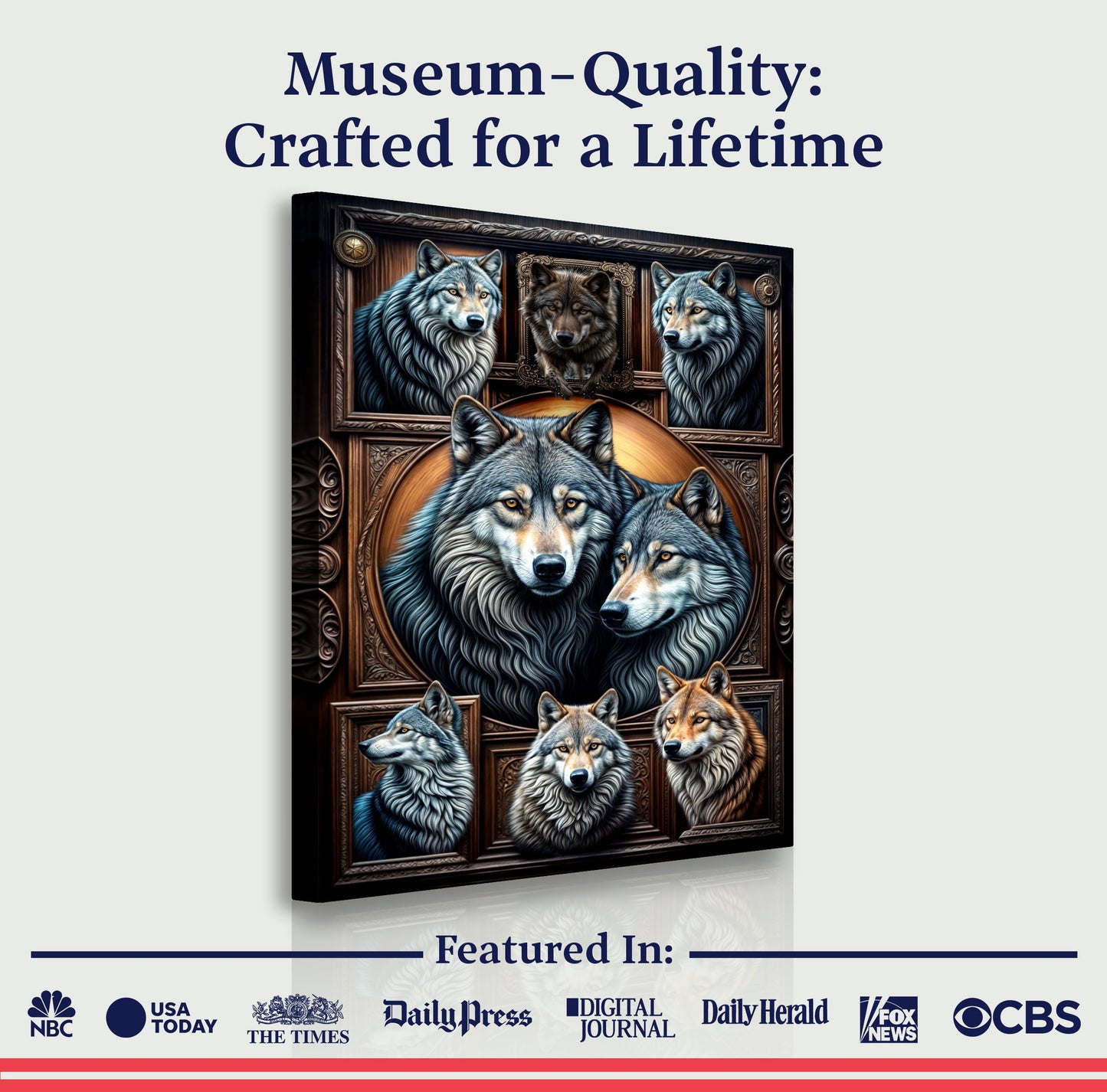 3D Wolf Collage Canvas by Tailored Canvases featuring four wolves in an ornate carved frame on Tampa Home & Garden Store