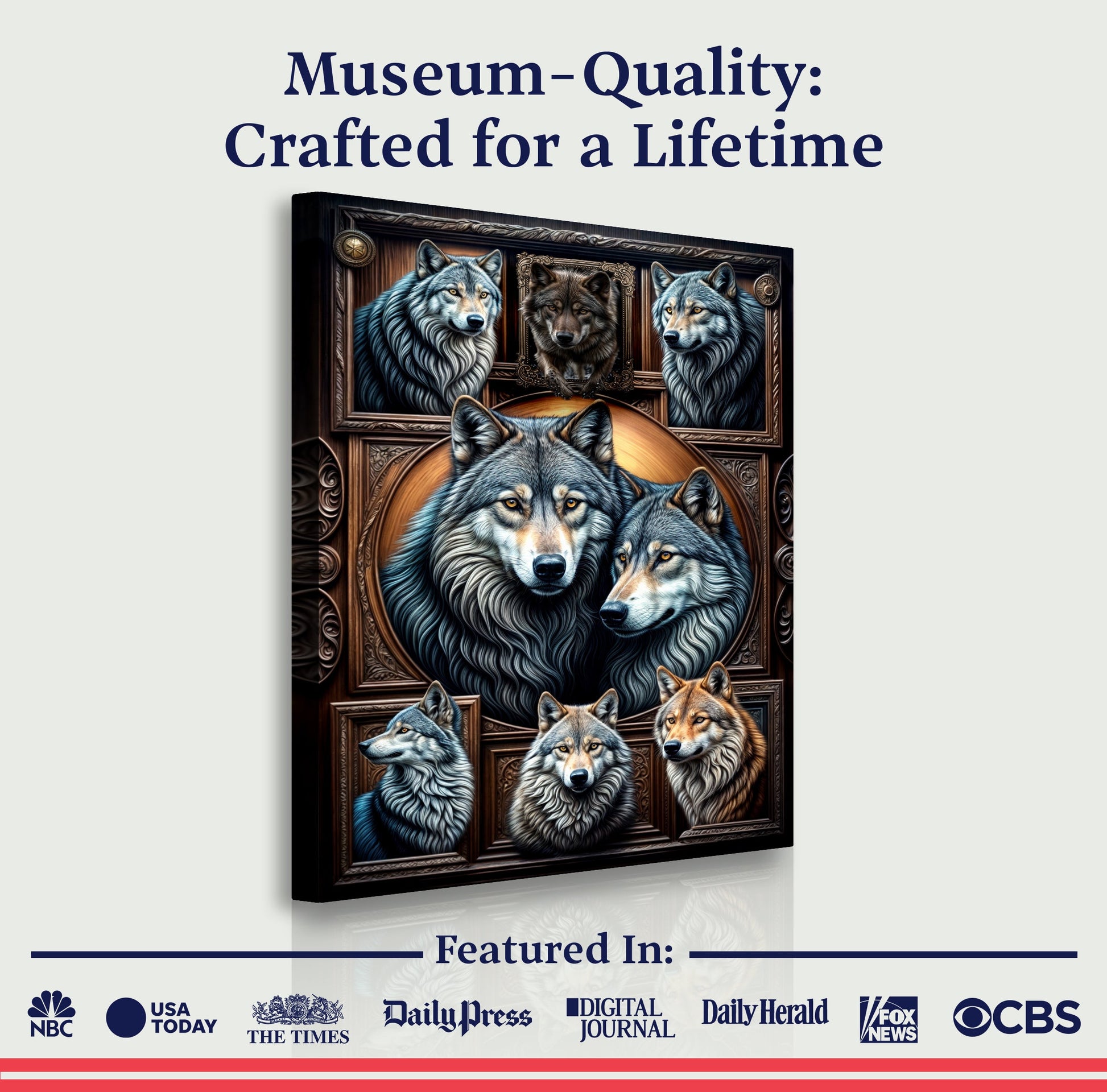 3D Wolf Collage Canvas by Tailored Canvases featuring four wolves in an ornate carved frame on Tampa Home & Garden Store