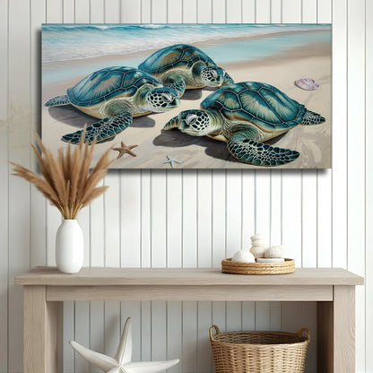 3D Coastal Wall Art III canvas featuring three turquoise sea turtles on a sandy beach on Tampa Home & Garden Store