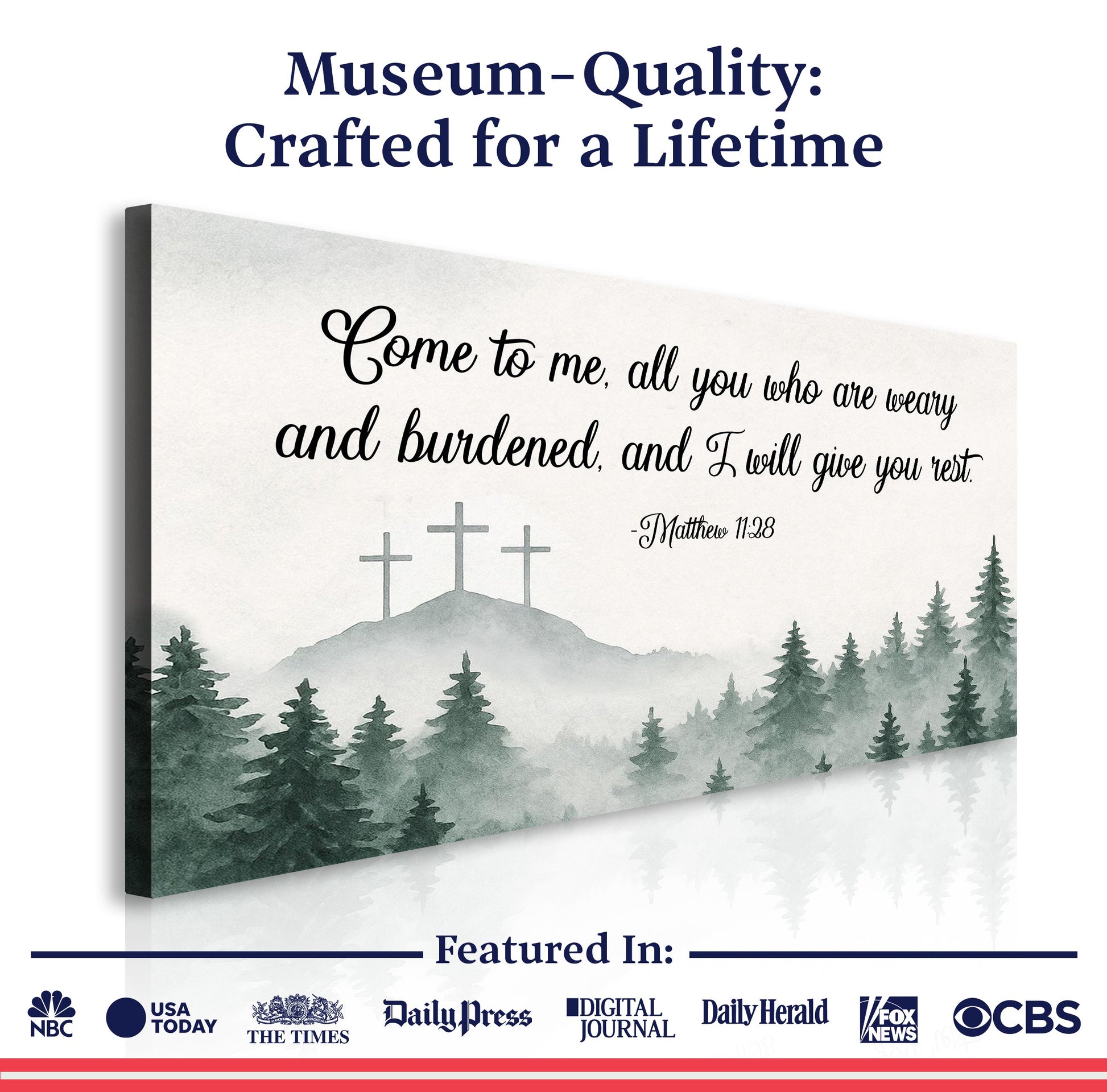 Canvas Come To Me II by Tailored Canvases with Matthew 11:28 scripture on a hillside on Tampa Home & Garden Store