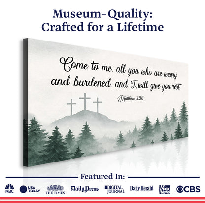 Canvas Come To Me II by Tailored Canvases with Matthew 11:28 scripture on a hillside on Tampa Home & Garden Store