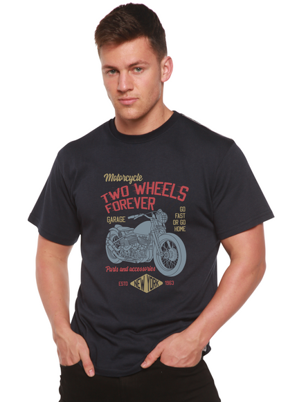 Two Wheels Forever motorcycle tee by Spun Bamboo, navy viscose/organic cotton, mens printed on Tampa Home & Garden Store