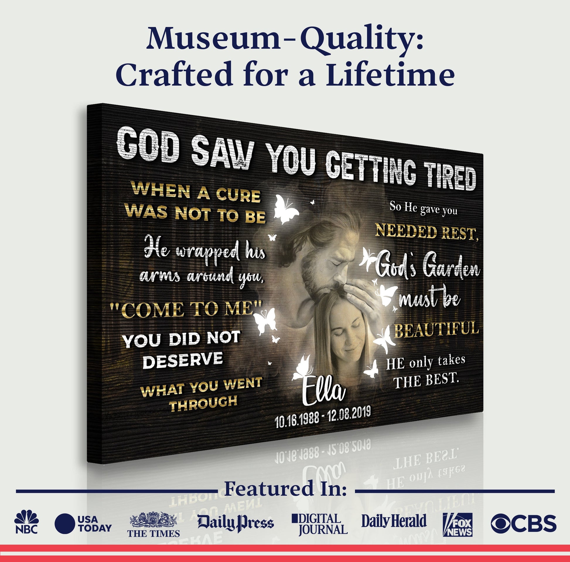 Woodgrain canvas memorial sign IV, personalized God Saw You Getting Tired by Tailored Canvases on Tampa Home & Garden Store