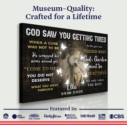 Woodgrain canvas memorial sign IV, personalized God Saw You Getting Tired by Tailored Canvases on Tampa Home & Garden Store