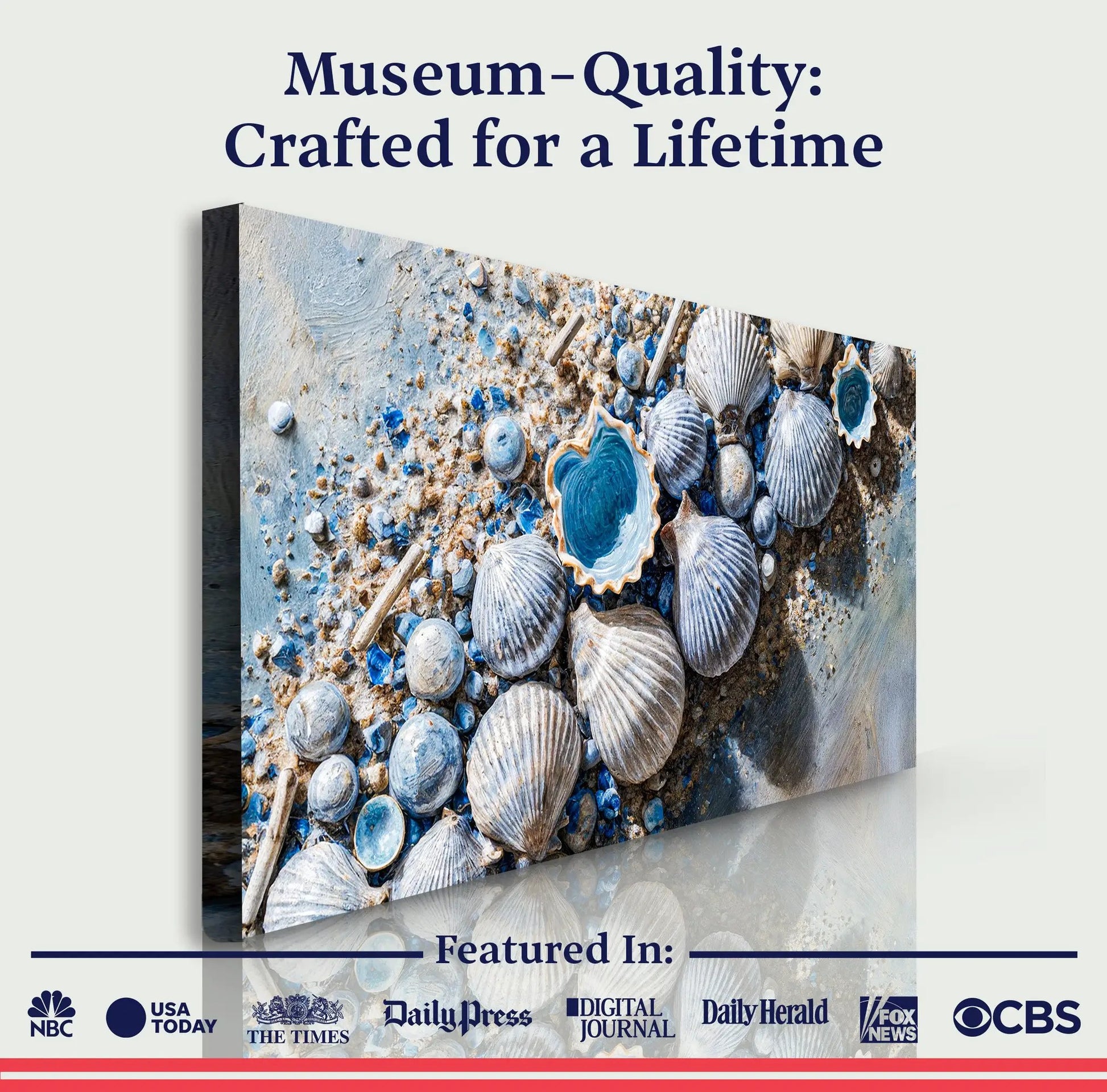 Sea Shells Modern Coastal Wall Art II canvas with blue seashells by Tailored Canvases on Tampa Home & Garden Store