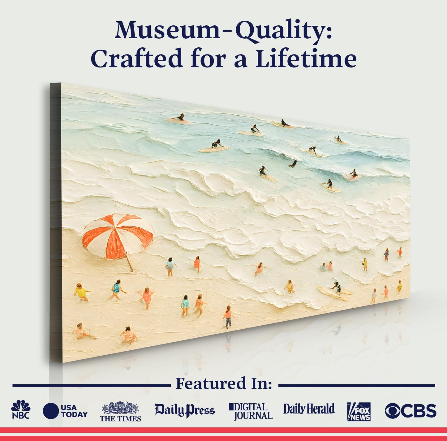 Beach Days Wall Art XIII canvas by Tailored Canvases, beach with surfers and a red umbrella on Tampa Home & Garden Store