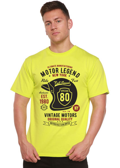 Men's neon yellow short-sleeve graphic T-shirt with vintage helmet design and 80 shield on front on Tampa Home & Garden Store