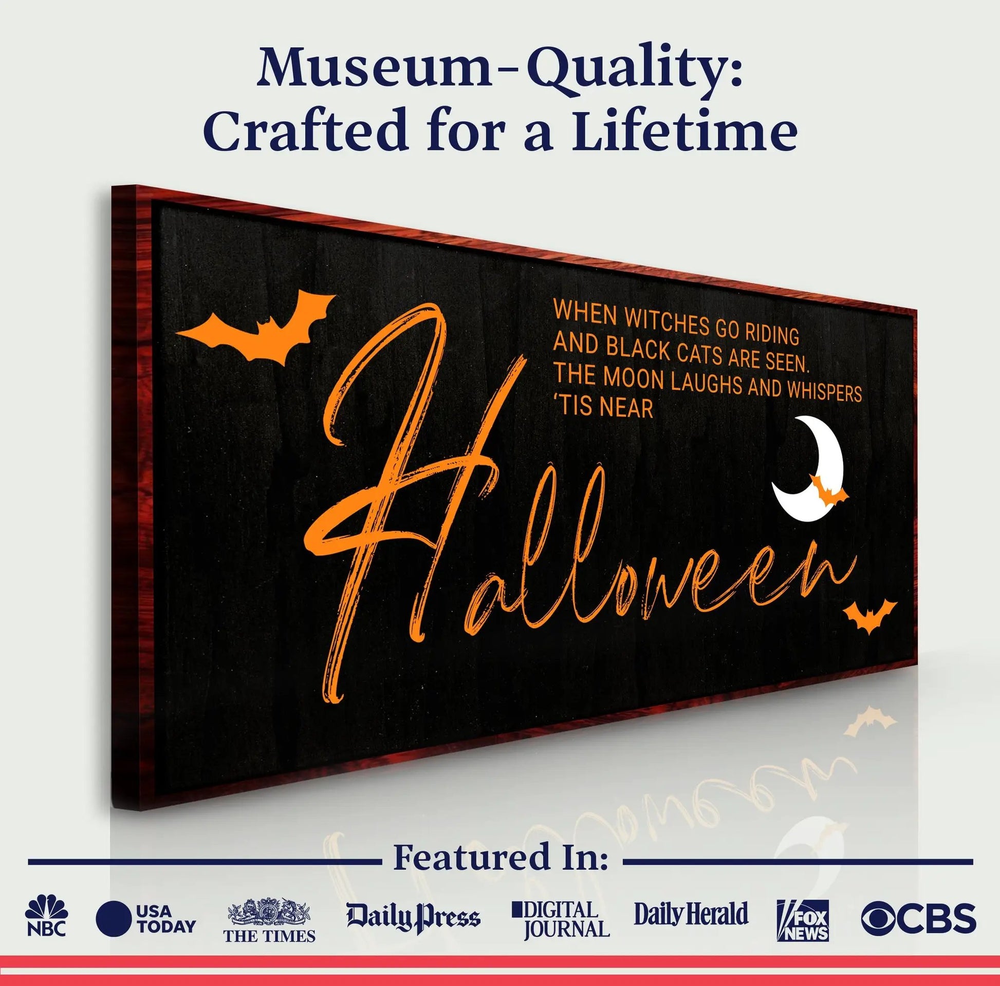 When Witches Halloween Wall Sign canvas, black background with orange Halloween script and bats on Tampa Home & Garden Store