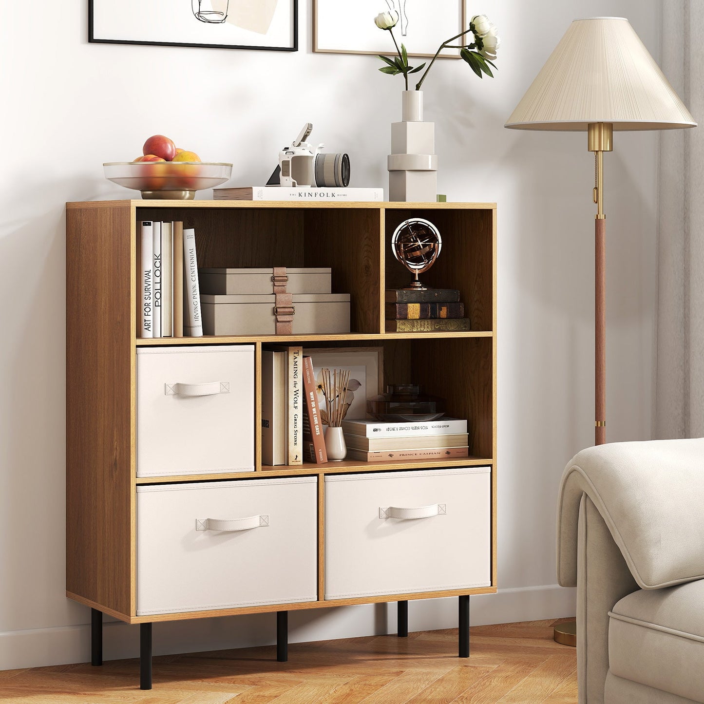 6-Cube Bookshelf with 3 Removable Folding Fabric Drawers for Living Room
