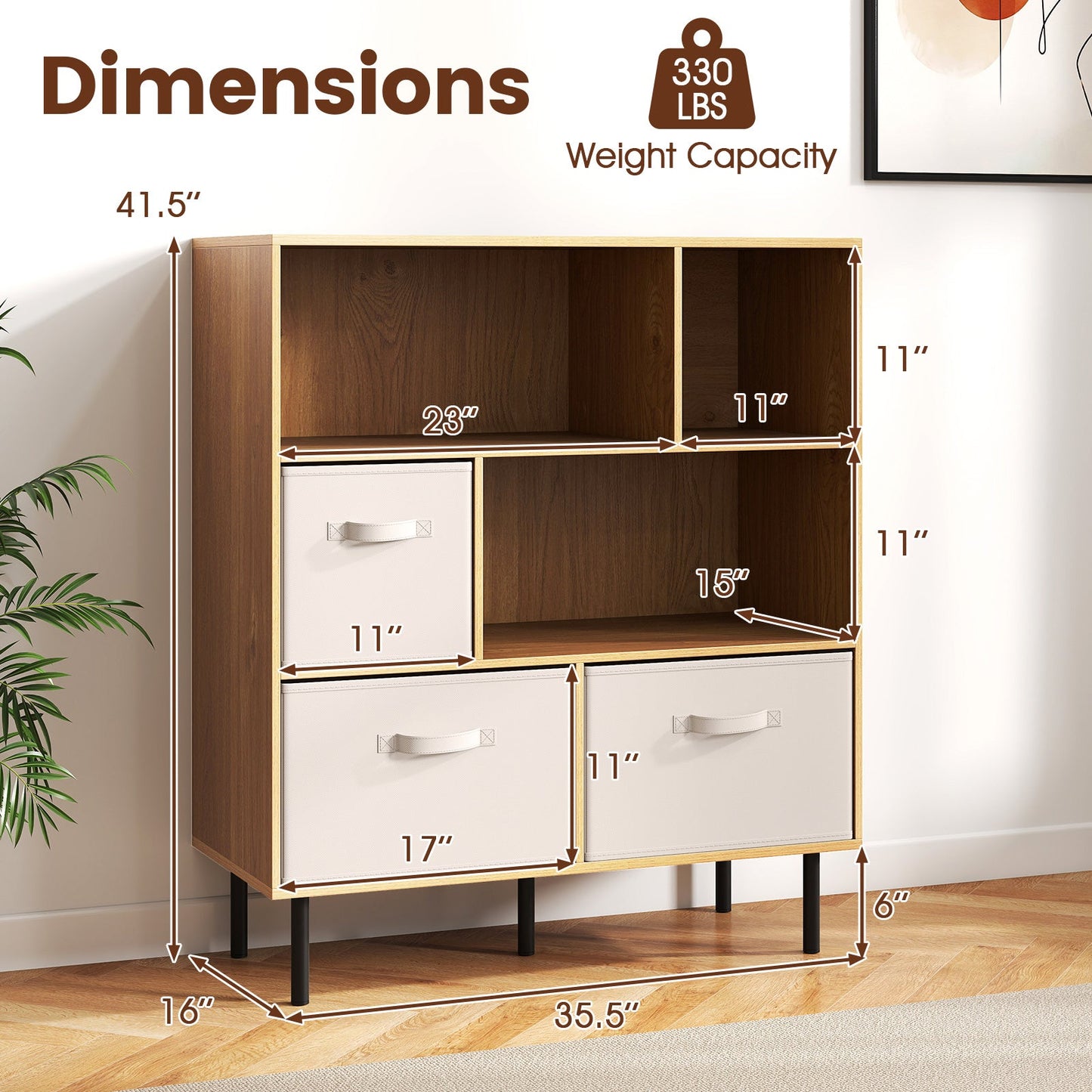6-Cube Bookshelf with 3 Removable Folding Fabric Drawers for Living Room