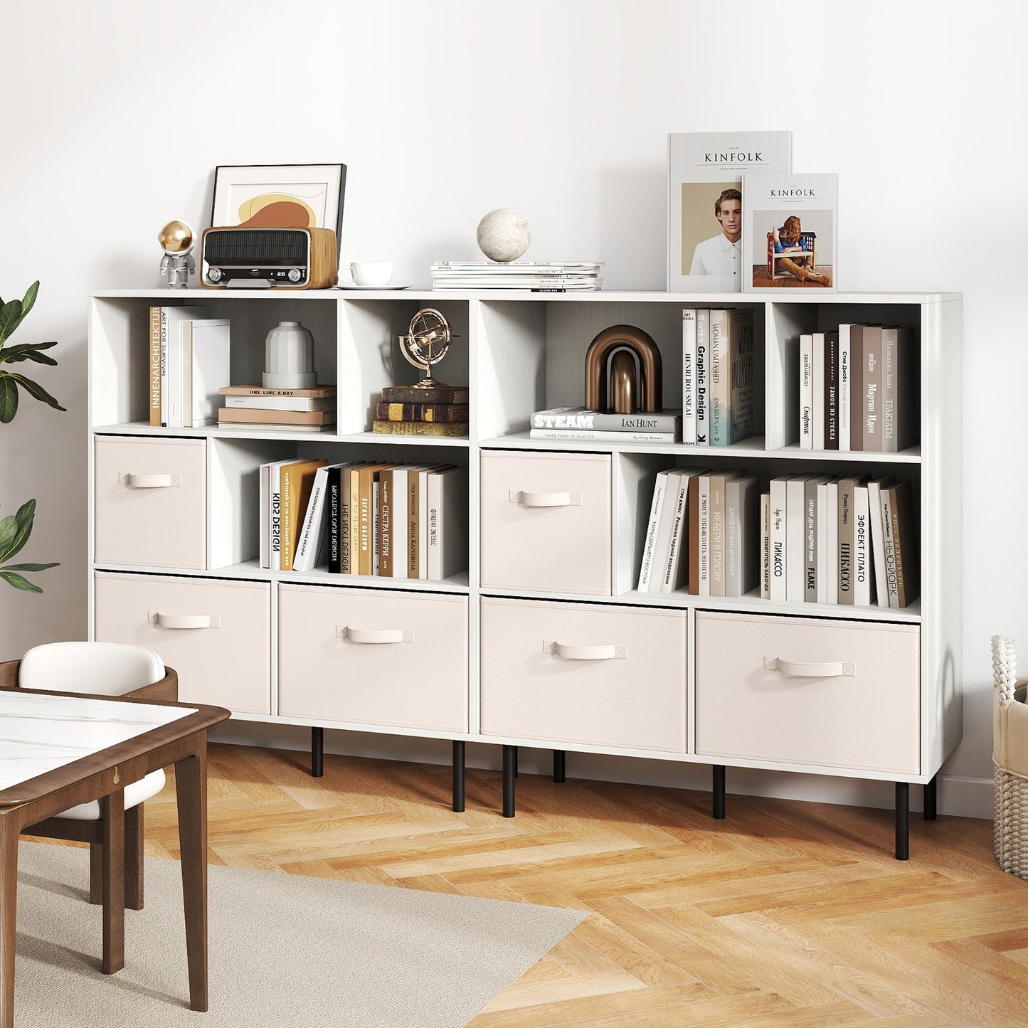 6-Cube Bookshelf with 3 Removable Folding Fabric Drawers for Living Room