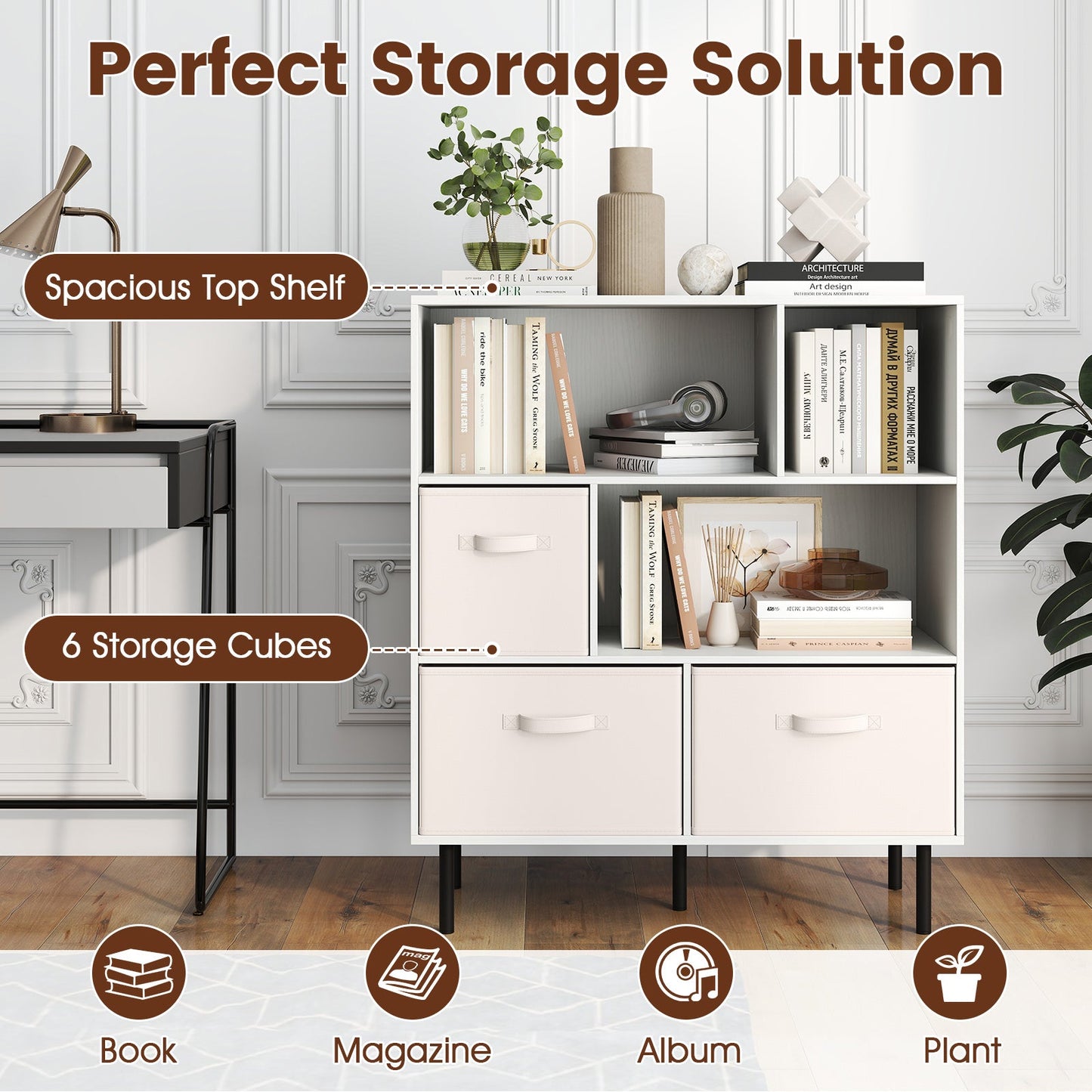 6-Cube Bookshelf with 3 Removable Folding Fabric Drawers for Living Room