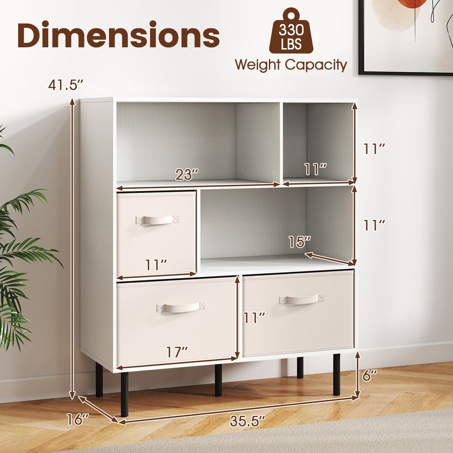 6-Cube Bookshelf with 3 Removable Folding Fabric Drawers for Living Room