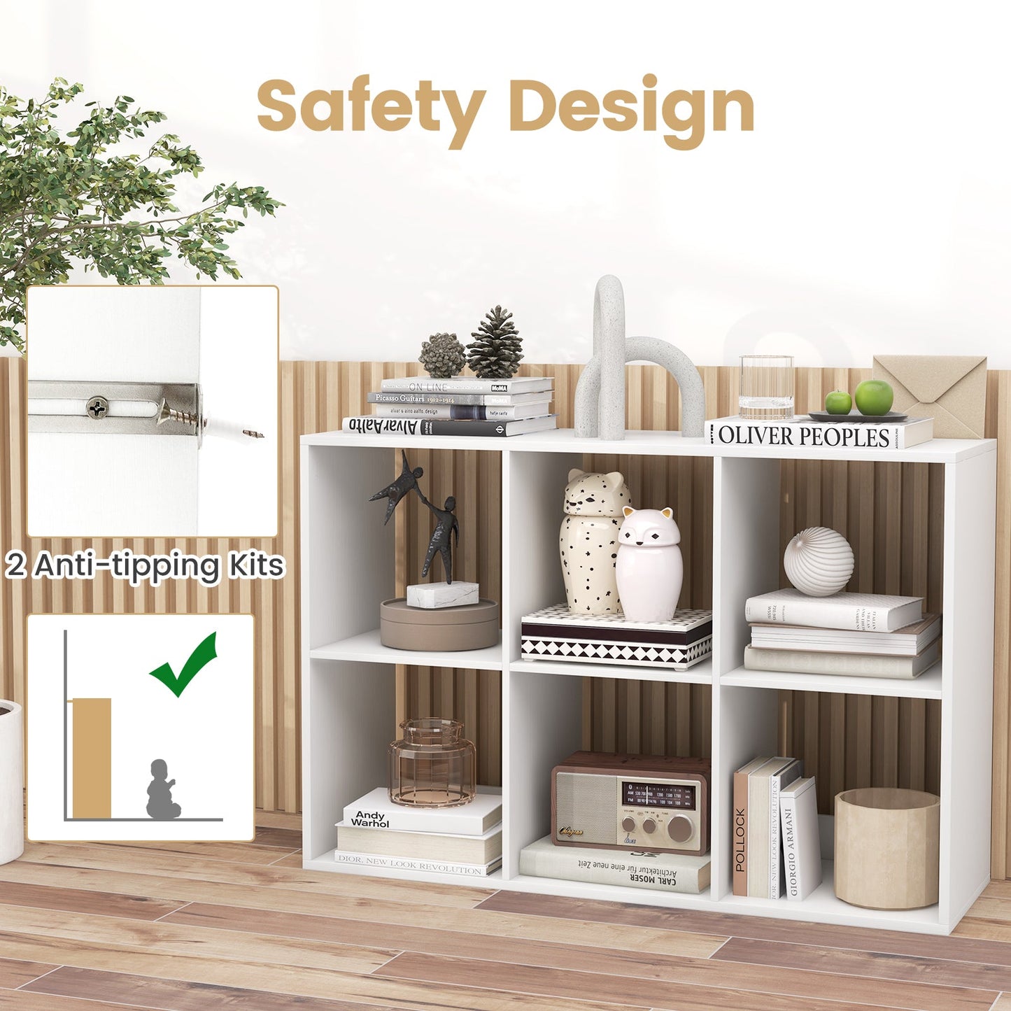 Estantería de 6 cubos con barandilla trasera para salón o dormitorio - Blanca