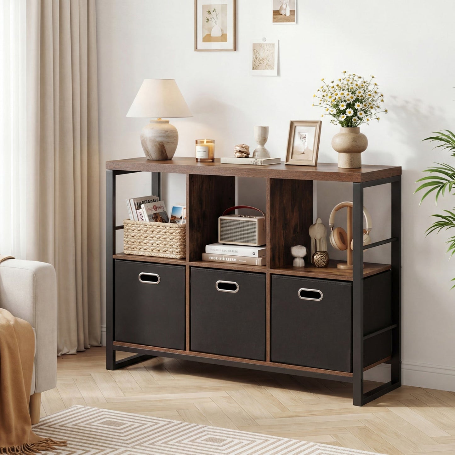 6-Cube industrial bookshelf with wood top, storage bins and metal frame by DirectDeals on Tampa Home & Garden Store