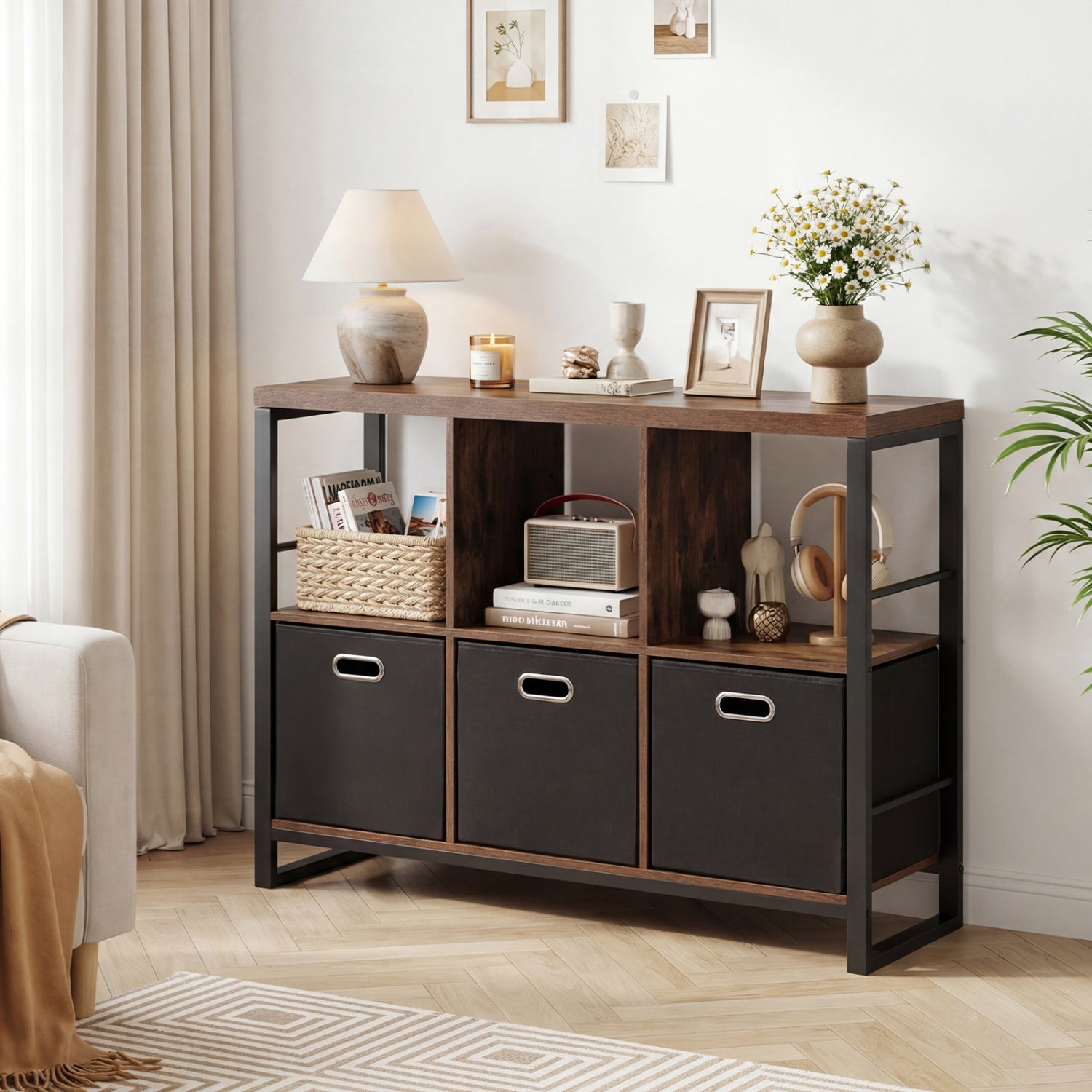 6-Cube industrial bookshelf with wood top, storage bins and metal frame by DirectDeals on Tampa Home & Garden Store