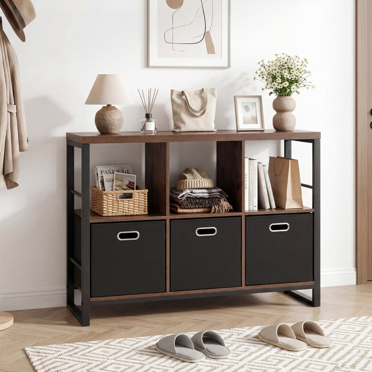 6-Cube Industrial Bookshelf with Storage Bins & Metal Frame; wood shelves, black fabric bins on Tampa Home & Garden Store