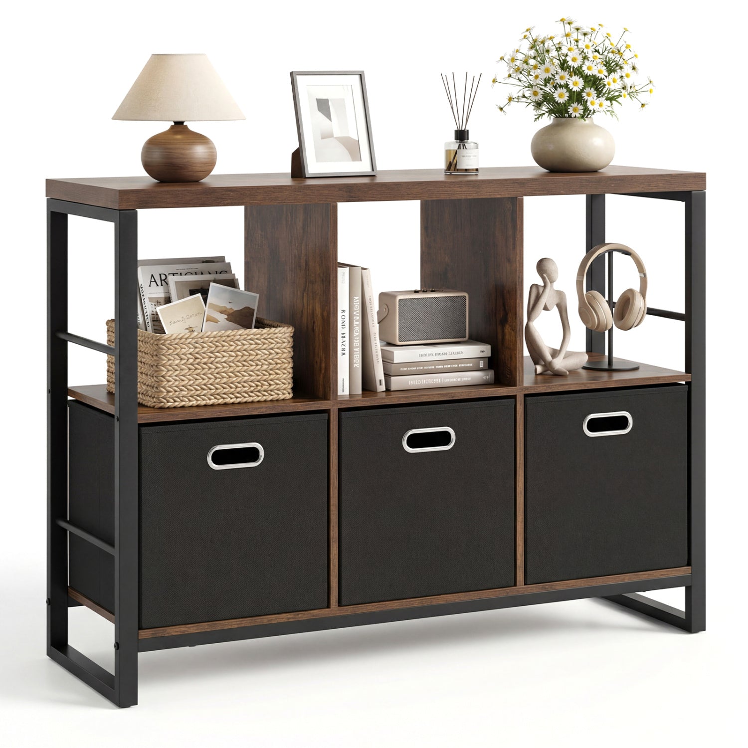 6-Cube Industrial Bookshelf with Storage Bins & Metal Frame in dark wood and black metal on Tampa Home & Garden Store