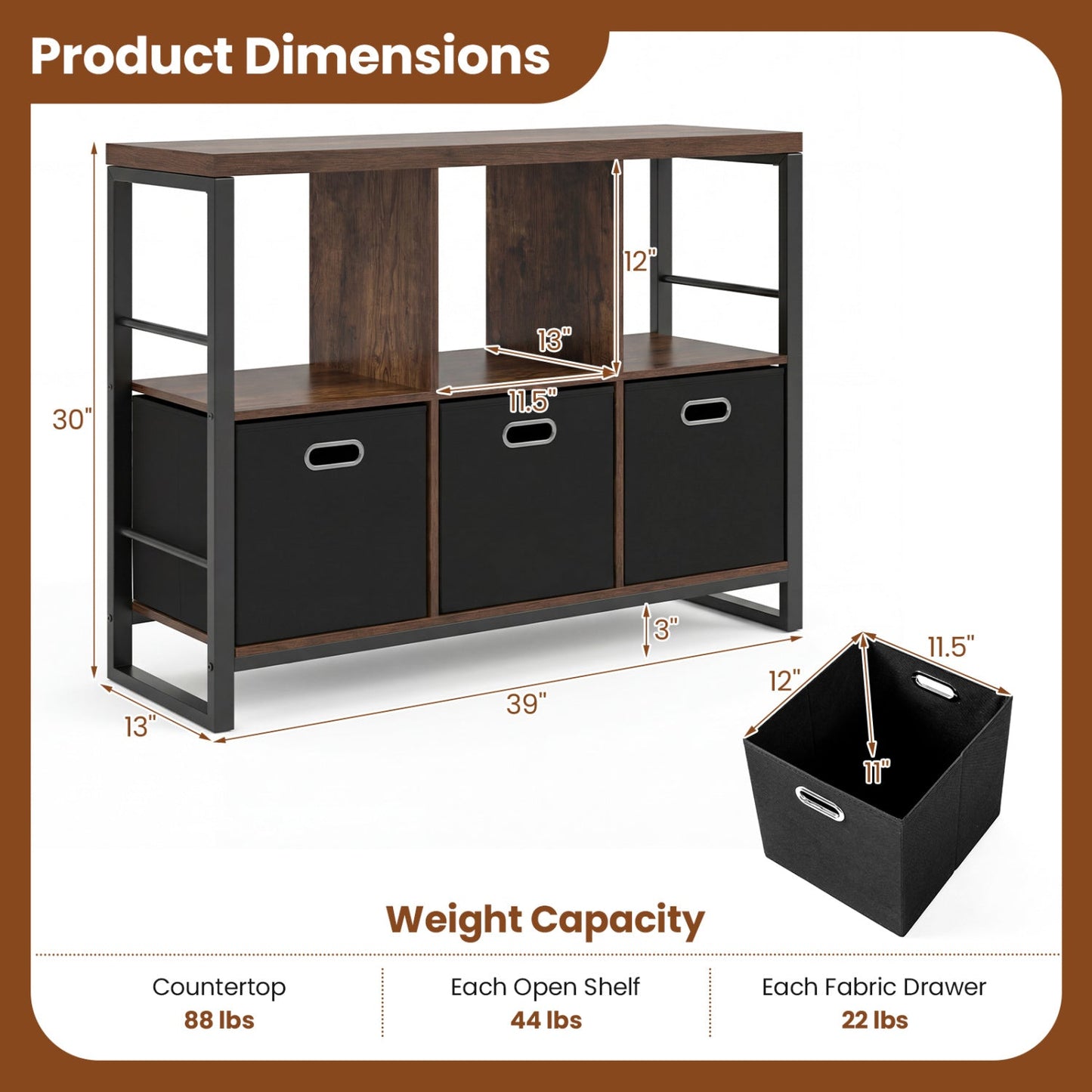 6-Cube Industrial Bookshelf with wood top, black metal frame and fabric storage bin DirectDeals on Tampa Home & Garden Store