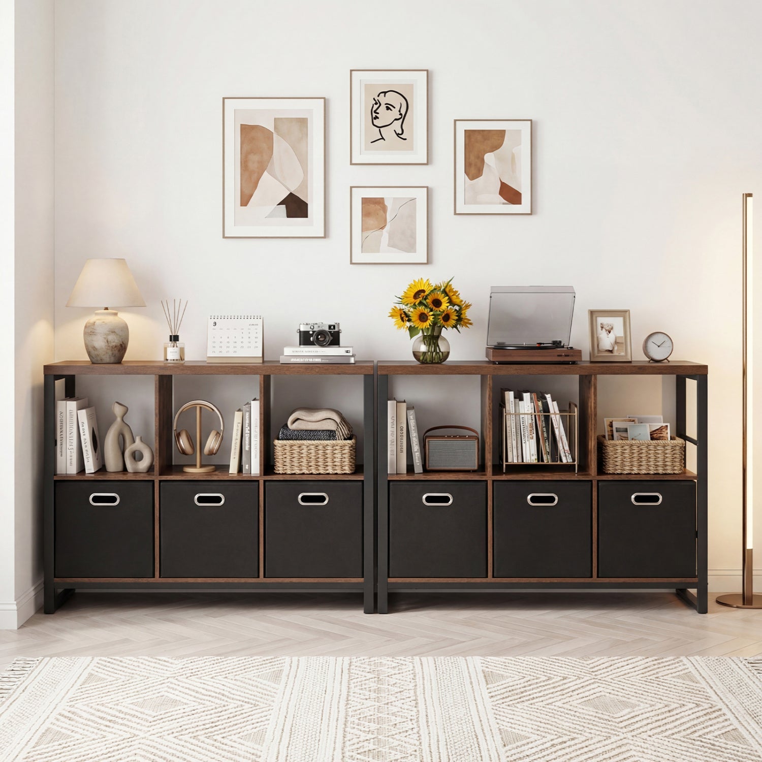 6-Cube Industrial Bookshelf with Storage Bins & Metal Frame pair DirectDeals, dark wood shelves on Tampa Home & Garden Store