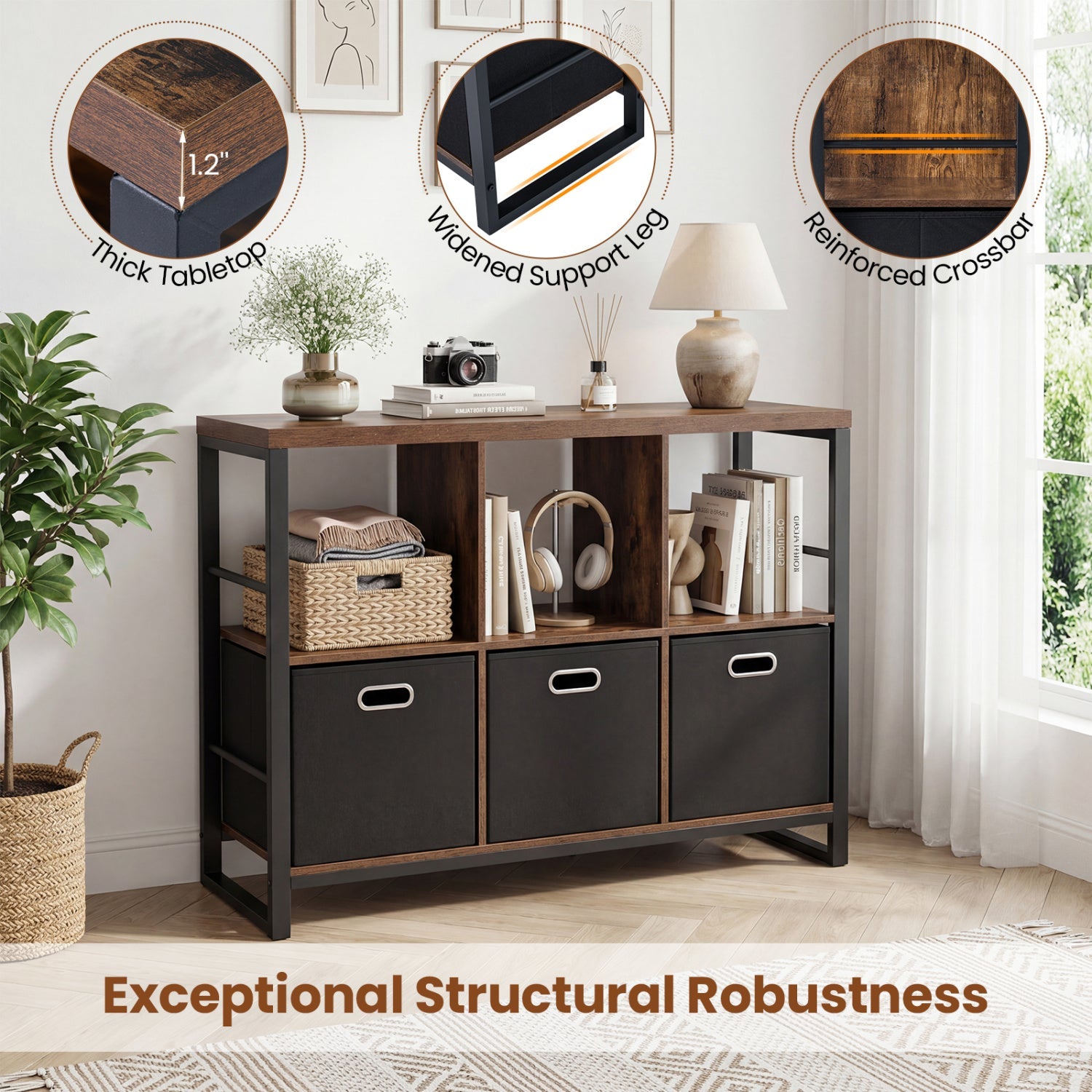 6-Cube Industrial Bookshelf with Storage Bins & Black Metal Frame DirectDeals wood top on Tampa Home & Garden Store