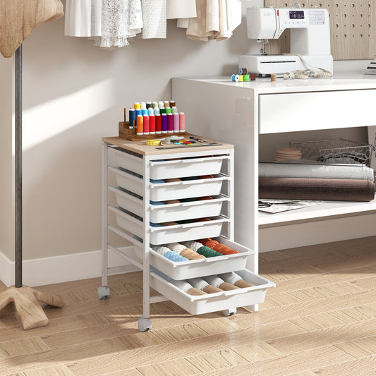 6-Drawer Rolling Storage Cart with Wooden Tabletop - Tampa Home & Garden Store