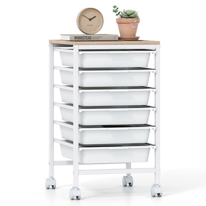 6-Drawer Rolling Storage Cart with Wooden Tabletop