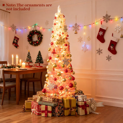 6 ft pink snow-flocked artificial Christmas tree, pre-lit, DirectDeals, with red and gold ornaments on Tampa Home & Garden Store