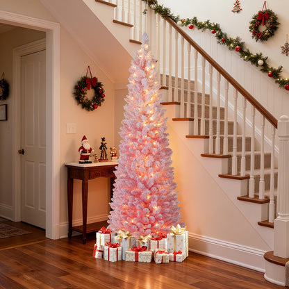6 ft pink snow-flocked pre-lit artificial Christmas tree with hinged sections in hall on Tampa Home & Garden Store