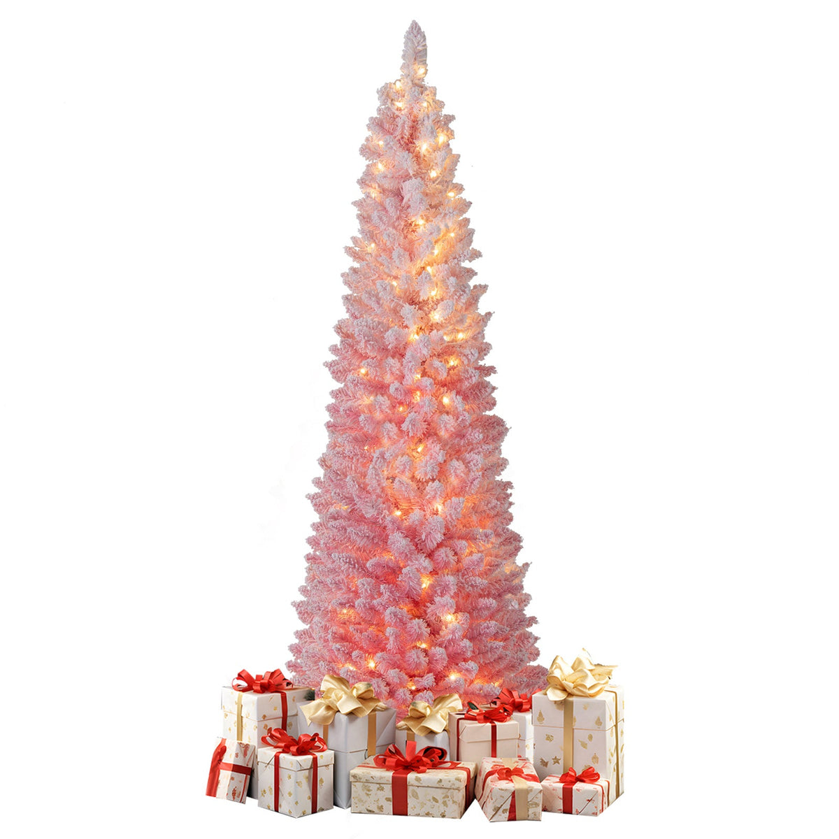 6 ft pink snow-flocked artificial Christmas tree, pre-lit with white lights, base with gifts on Tampa Home & Garden Store