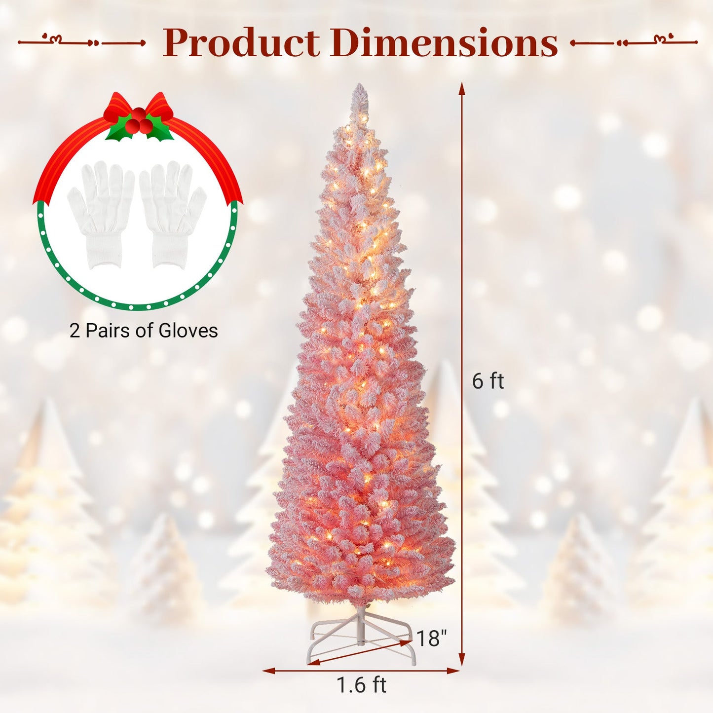 6 ft pink snow-flocked artificial Christmas tree, pre-lit with warm LEDs on a metal stand on Tampa Home & Garden Store