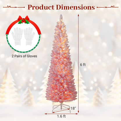 6 ft pink snow-flocked artificial Christmas tree, pre-lit with warm LEDs on a metal stand on Tampa Home & Garden Store