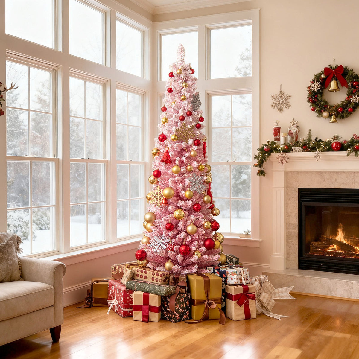 6 ft pink flocked Christmas tree, pre-lit, hinged, red/gold ornaments, DirectDeals on Tampa Home & Garden Store